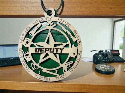 Wooden deputy gift card holder for law enforcement – round star medallion ornament with hanging cord