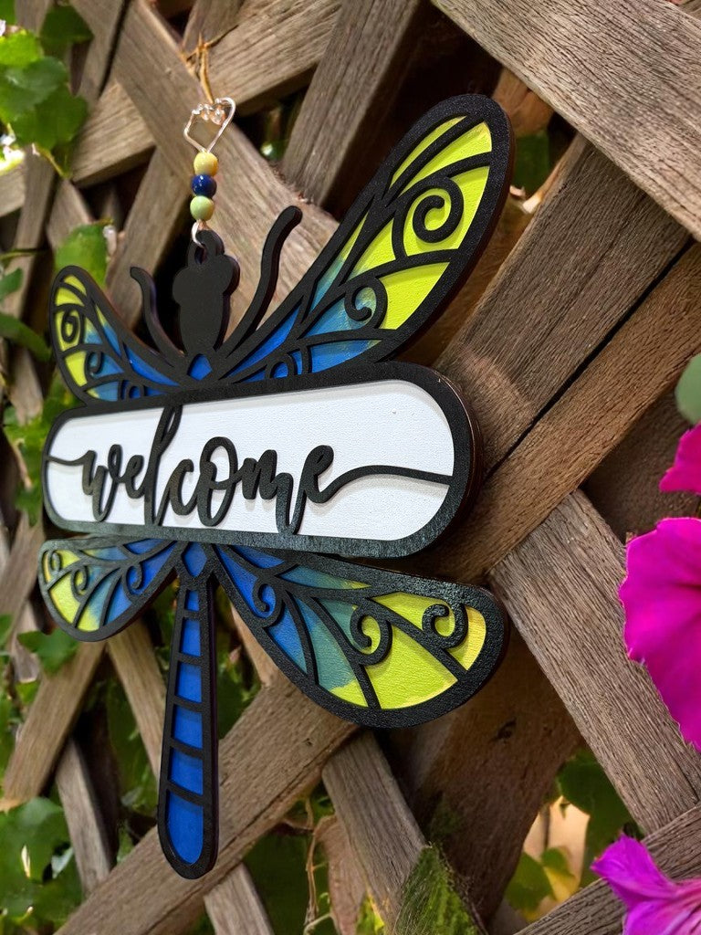 Dragonfly Welcome Sign – Handcrafted Wooden Door Decor for Summer & Nature Lovers