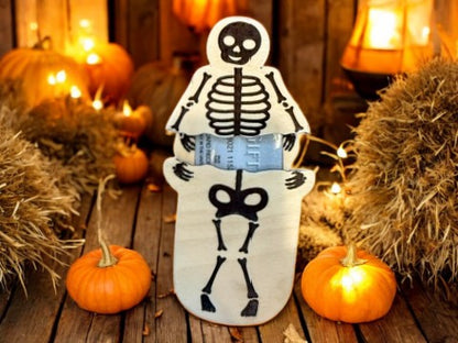 Halloween Skeleton Gift Card Holder – Wooden Funny Gift for Spooky Season