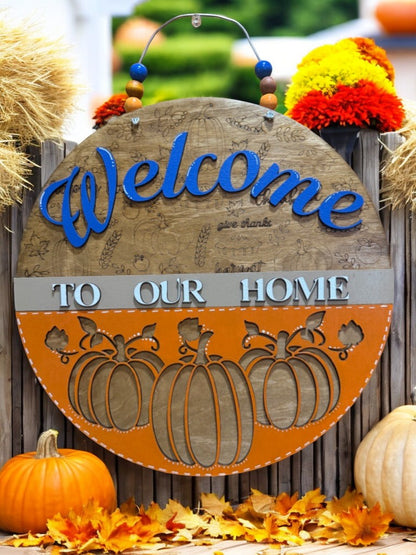 Welcome to Our Home Fall Sign – Pumpkin Door Hanger with Engraved Autumn Icons – Blue or Berry Color Options
