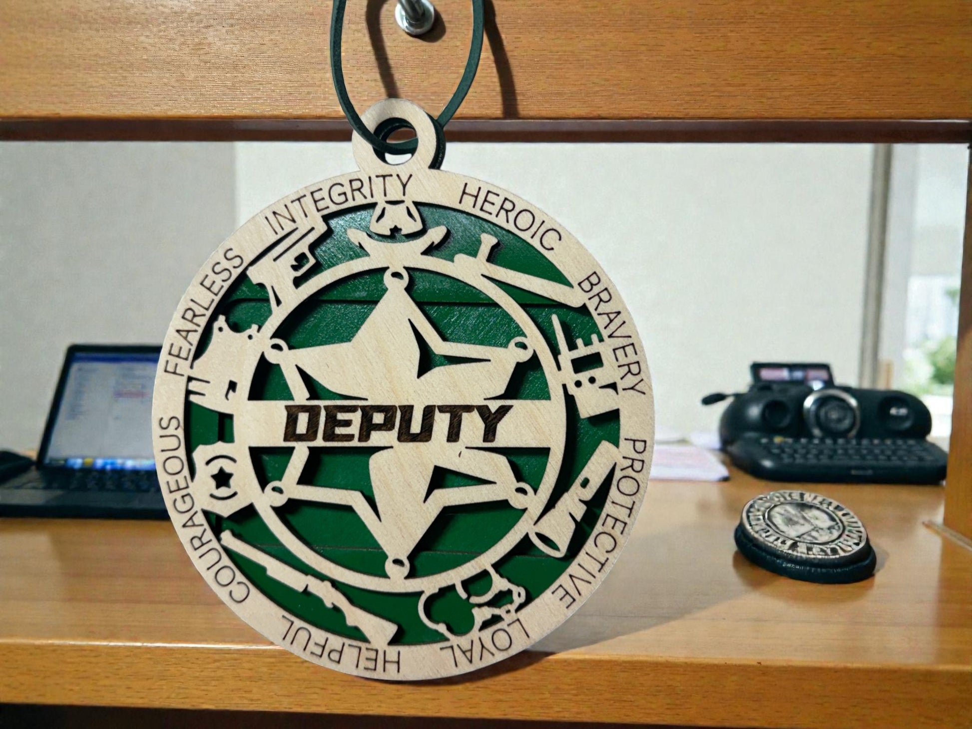Wooden deputy gift card holder for law enforcement – round star medallion ornament with hanging cord