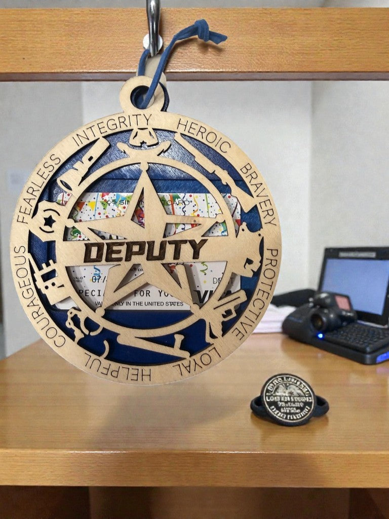 Wooden deputy gift card holder for law enforcement – round star medallion ornament with hanging cord