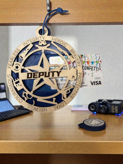 Wooden deputy gift card holder for law enforcement – round star medallion ornament with hanging cord