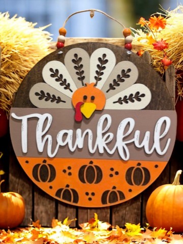 Thankful Wooden Turkey Sign – Rustic Fall Door Hanger – Farmhouse Thanksgiving Décor