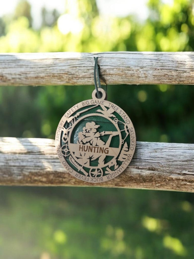 Hunting appreciation gift: handmade layered wood medallion personalized with a name, available in four colors