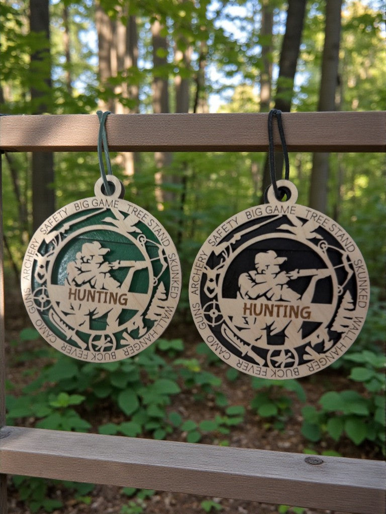 Hunting appreciation gift: handmade layered wood medallion personalized with a name, available in four colors