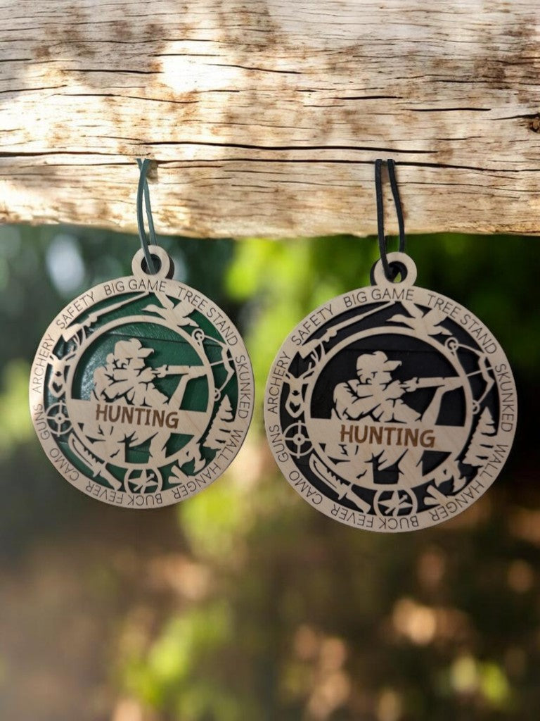Hunting appreciation gift: handmade layered wood medallion personalized with a name, available in four colors