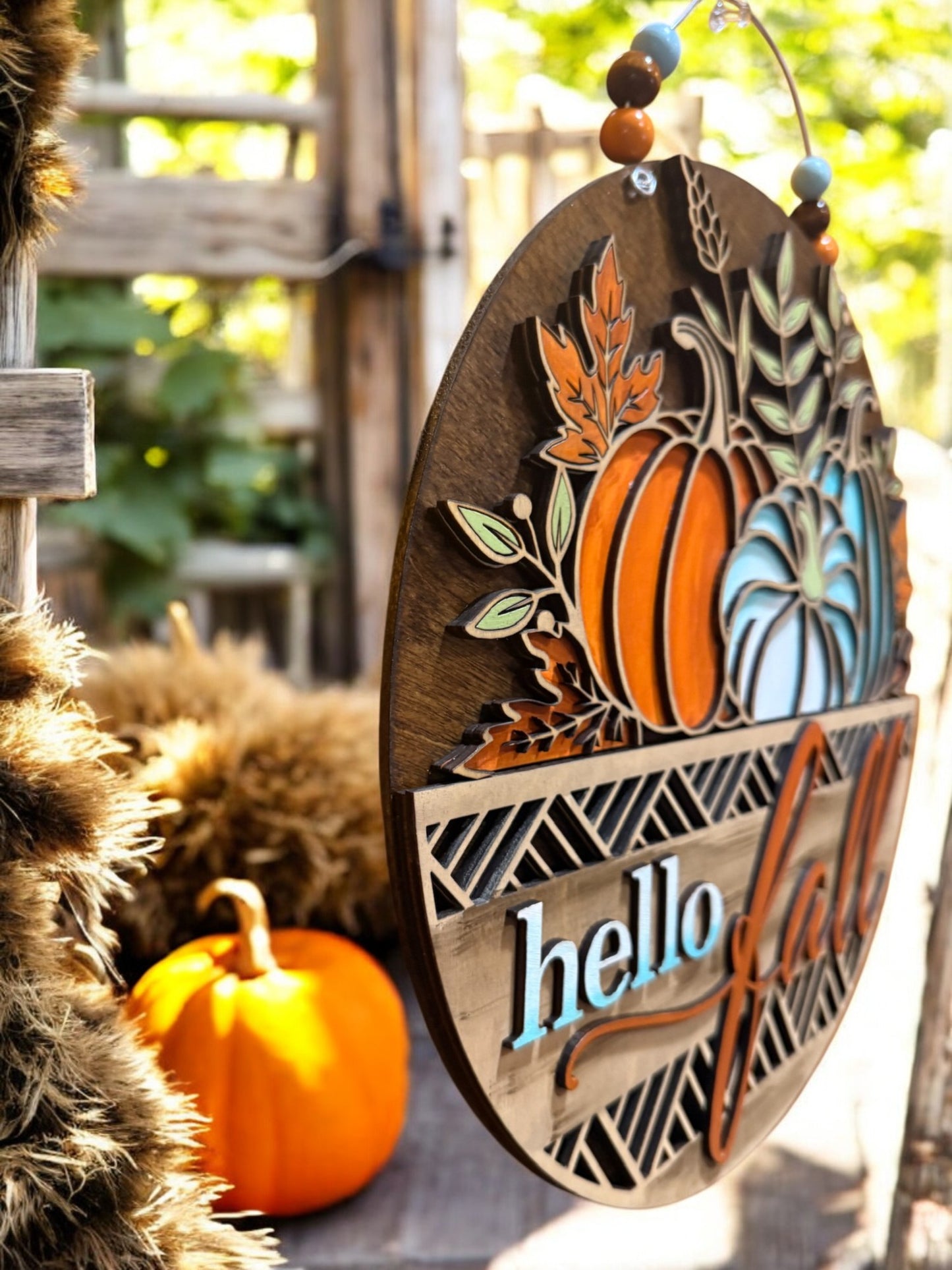 Hello Fall Wooden Door Hanger – Rustic Farmhouse Pumpkin Sign in Teal & Orange