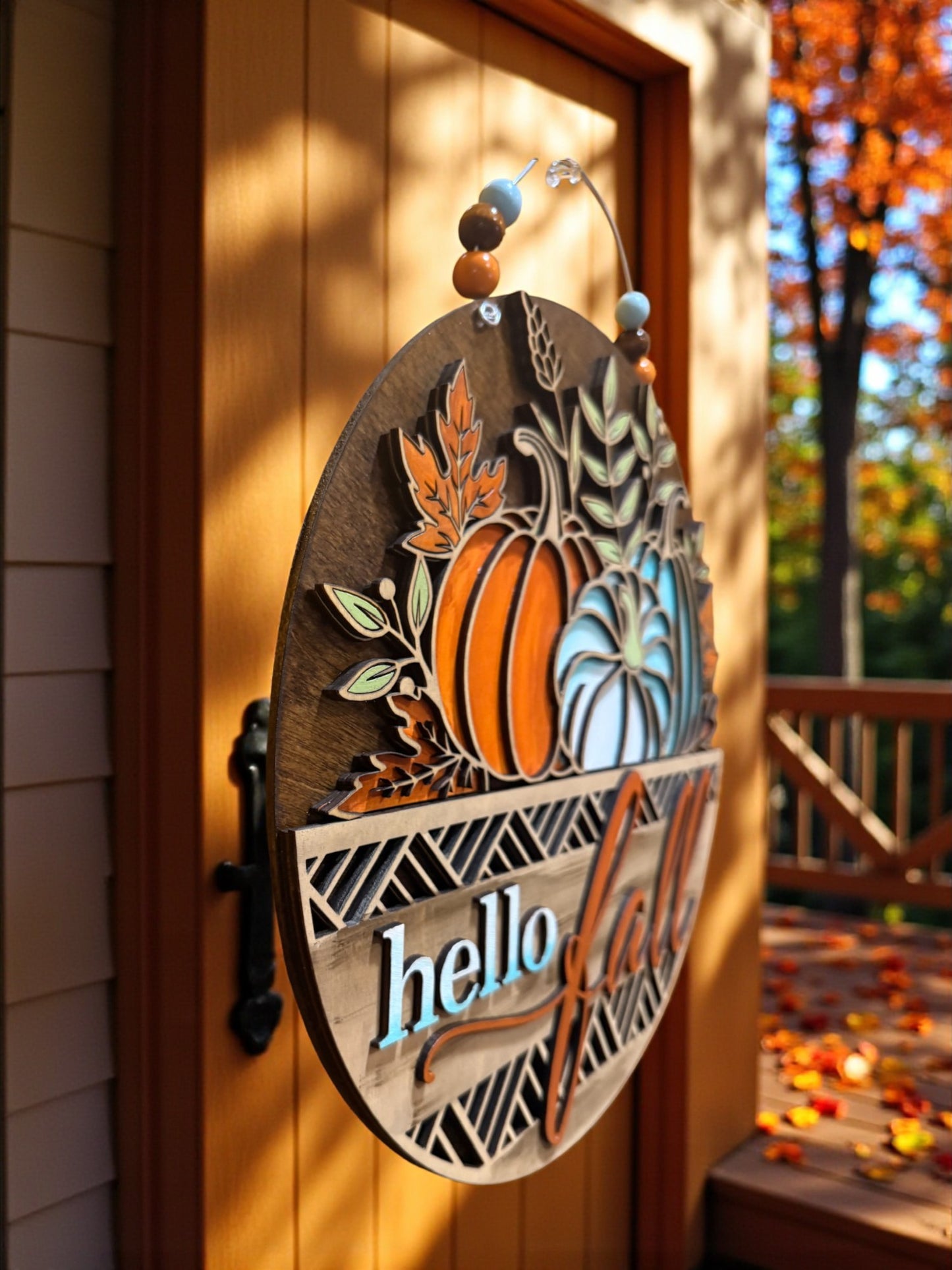 Hello Fall Wooden Door Hanger – Rustic Farmhouse Pumpkin Sign in Teal & Orange
