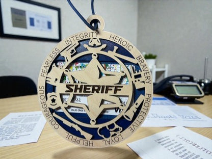 Wooden sheriff gift card holder for law enforcement – round star medallion ornament with hanging cord