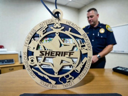 Wooden sheriff gift card holder for law enforcement – round star medallion ornament with hanging cord