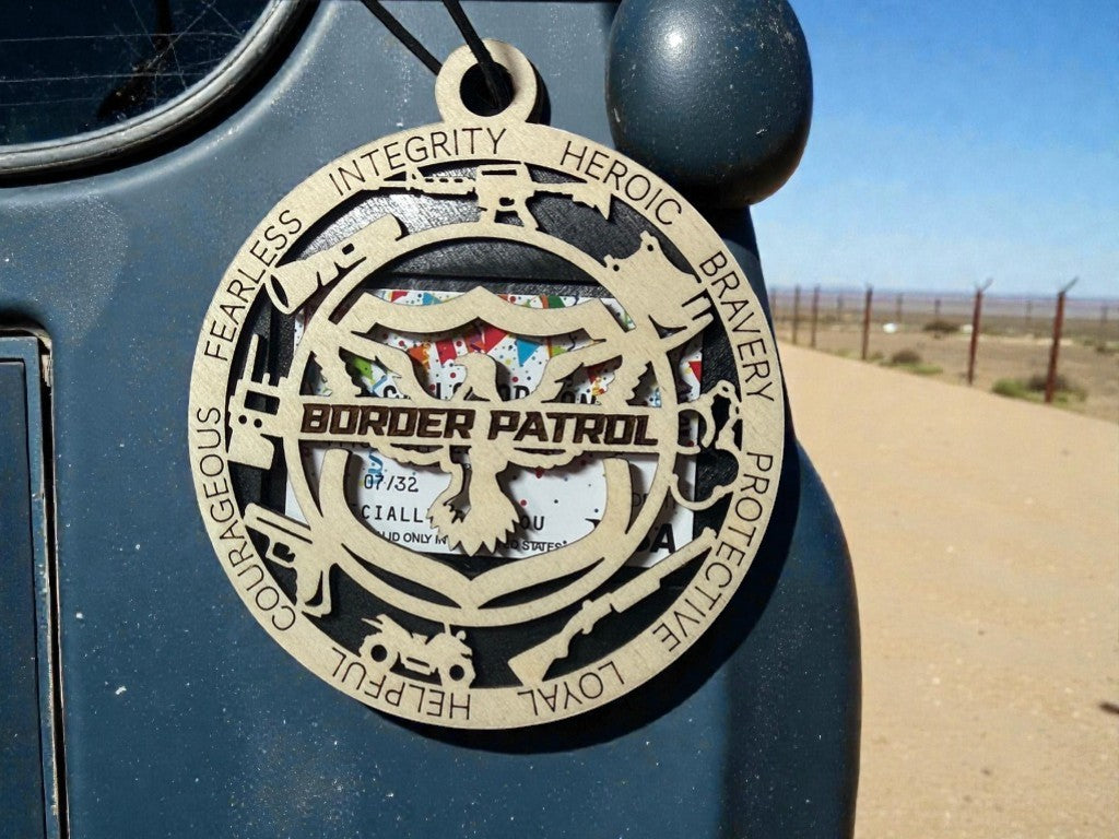 Border Patrol agent appreciation gift – handmade layered wood medallion holding a gift card, personalized with a name