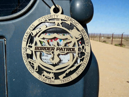 Border Patrol agent appreciation gift – handmade layered wood medallion holding a gift card, personalized with a name
