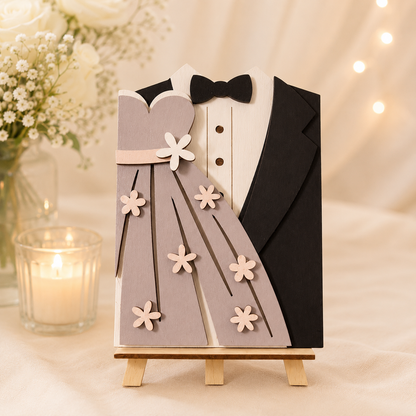  Handmade wood bride and groom wedding gift card holder in a half dress, half tuxedo design with a black bow tie and hand-finished flowers, displayed on a small wooden easel beside white roses and a candle