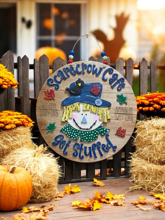 Scarecrow Café Wooden Sign – Funny Fall Door Hanger – Rustic Autumn Porch Decor
