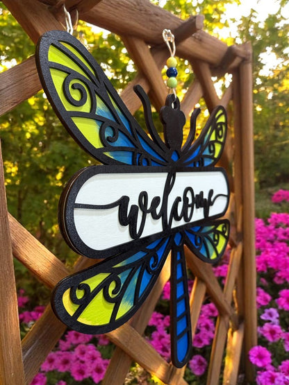 Dragonfly Welcome Sign – Handcrafted Wooden Door Decor for Summer & Nature Lovers