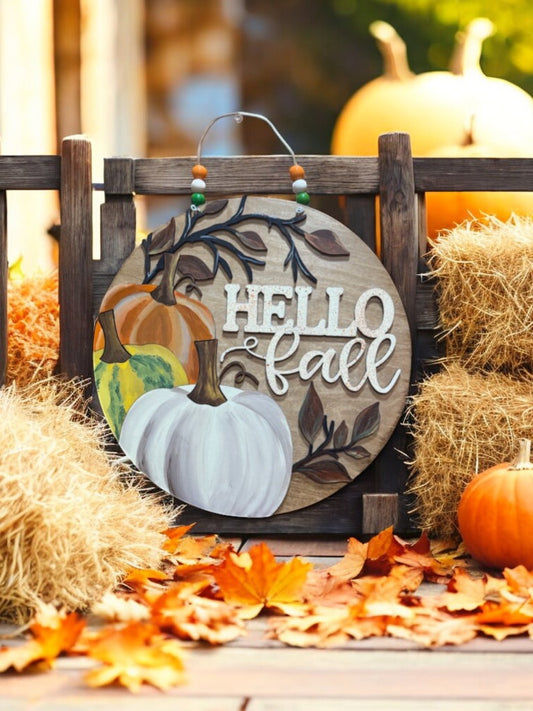 Hello Fall Wooden Sign – Rustic Pumpkin Fall Door Hanger – Handmade Farmhouse Autumn Porch Decor