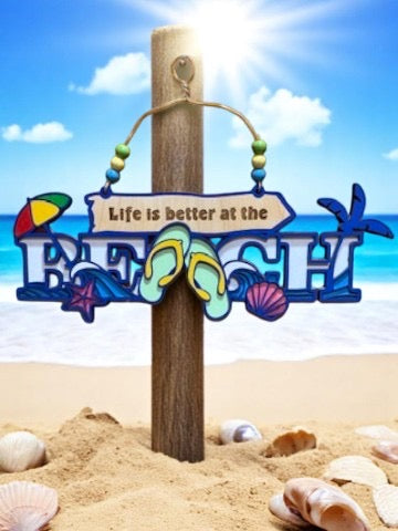 Life Is Better at the Beach Wooden Sign – Coastal Summer Decor with Flip Flops, Shells & Palm Tree