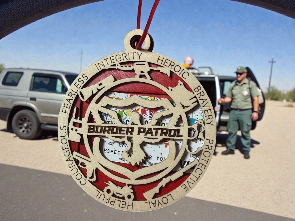 Border Patrol agent appreciation gift – handmade layered wood medallion holding a gift card, personalized with a name