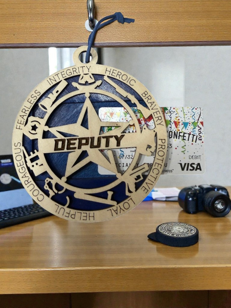 Wooden deputy gift card holder for law enforcement – round star medallion ornament with hanging cord