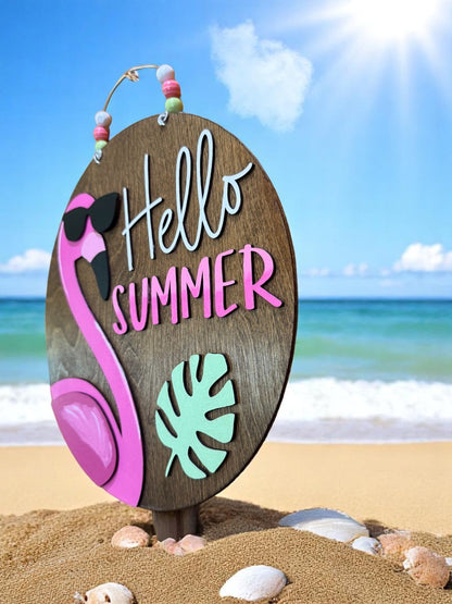 Hello Summer Flamingo Door Sign – Fun Tropical Porch Decor – Handmade Beach Vibes Welcome Sign