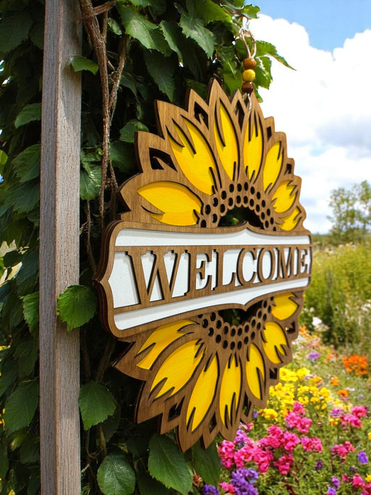 Rustic Sunflower Welcome Sign – Handcrafted Wooden Door Decor for Summer and Farmhouse Homes