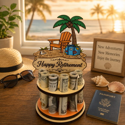 Beach Retirement Money Tree | Tropical Gift | Personalized | Handmade Wood