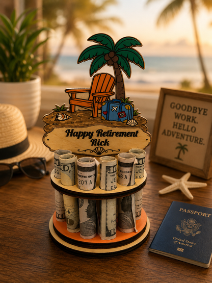 Beach Retirement Money Tree | Tropical Gift | Personalized | Handmade Wood