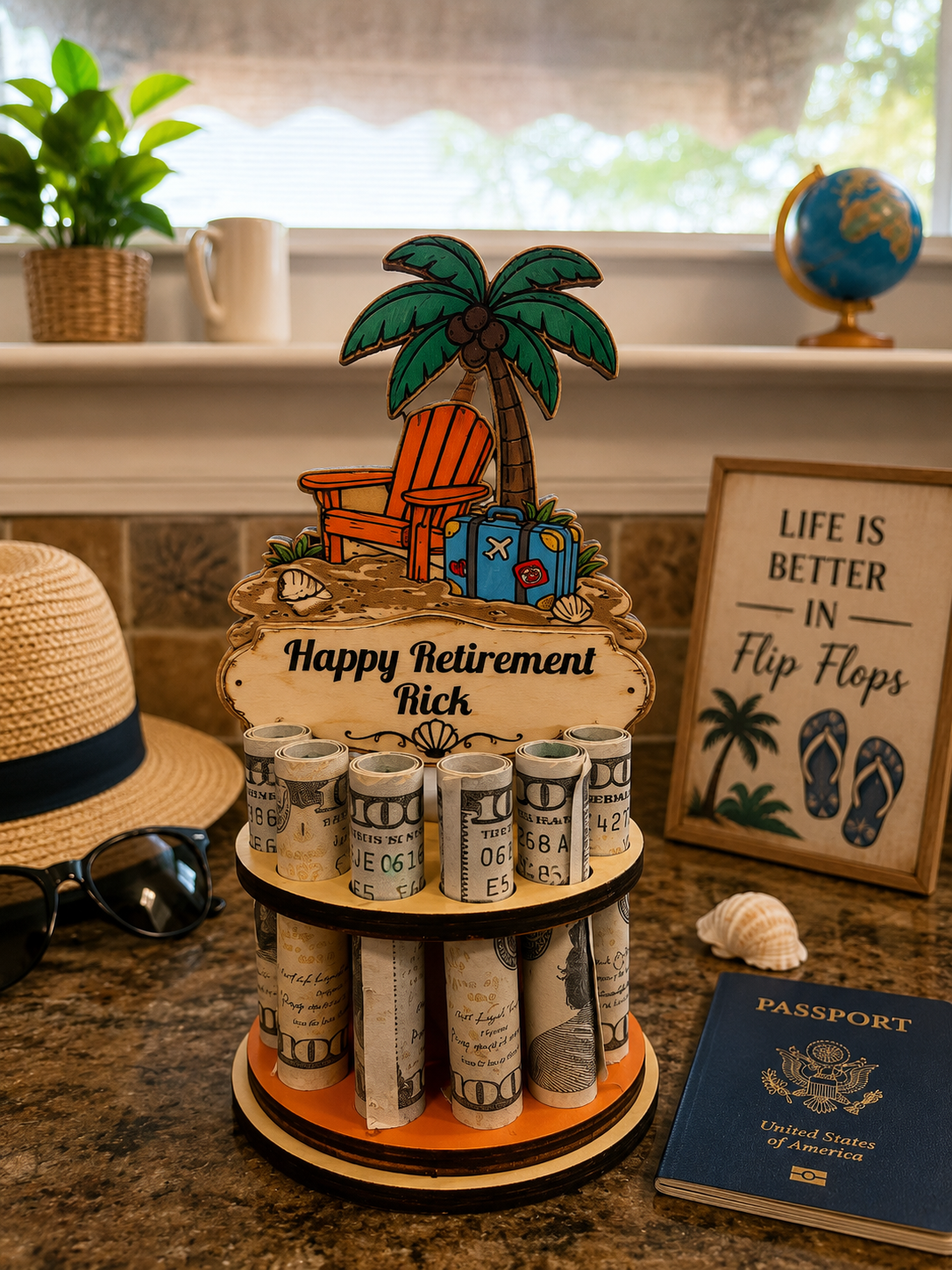 Beach Retirement Money Tree | Tropical Gift | Personalized | Handmade Wood