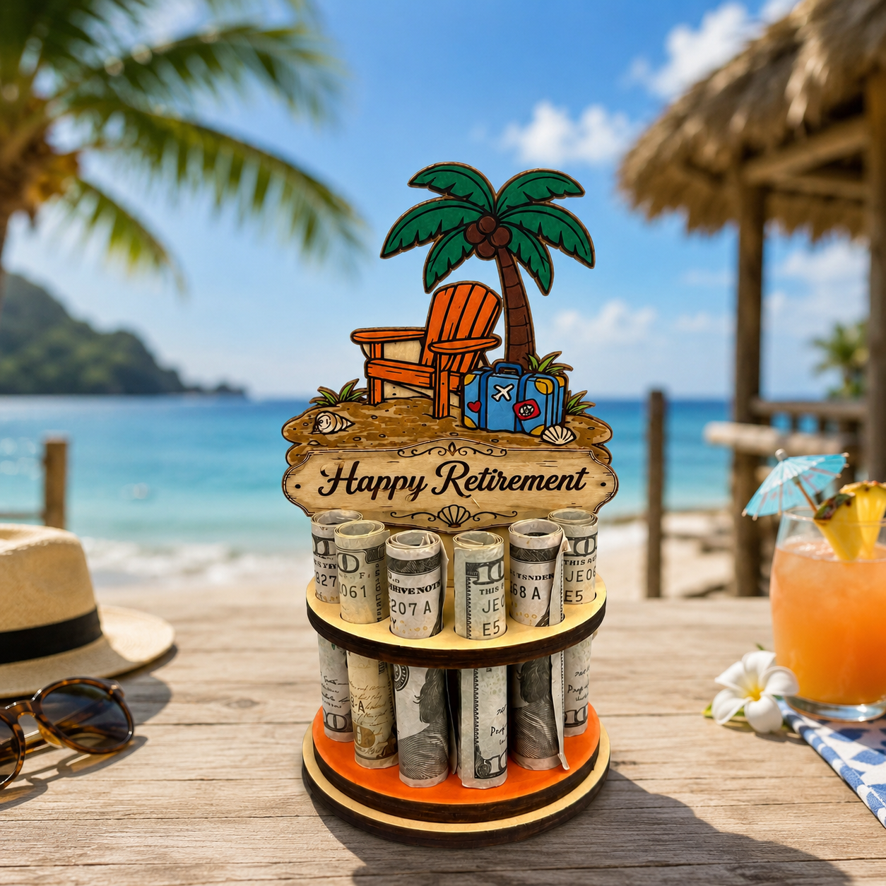 Beach Retirement Money Tree | Tropical Gift | Personalized | Handmade Wood