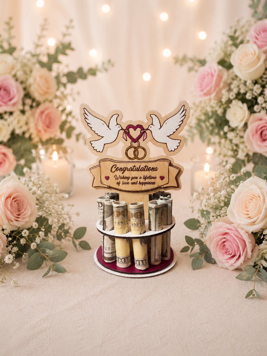 Premium handmade wood dove wedding money tree with hand-painted white doves, hearts, and wedding rings above a banner reading "Congratulations — Wishing you a lifetime of love and happiness," displayed on a circular base holding 12 rolled bills, surrounded by pink and white roses with soft candlelight
