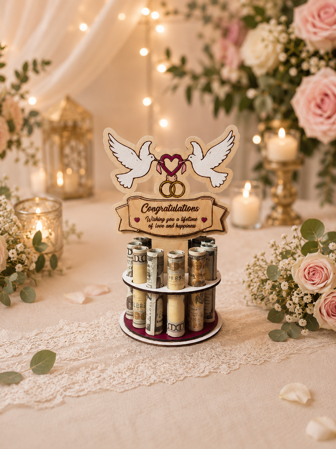 Premium handmade wood dove wedding money tree with hand-painted white doves, hearts, and wedding rings above a banner reading "Congratulations — Wishing you a lifetime of love and happiness," displayed on a circular base holding 12 rolled bills, surrounded by pink and white roses with soft candlelight