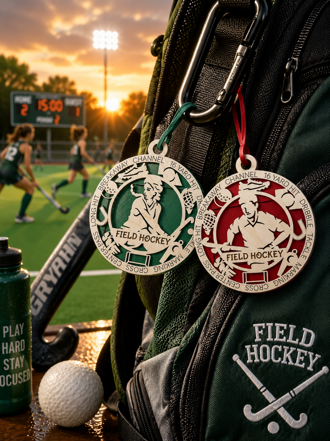 Two field hockey medals on a backpack with a sports field in the background