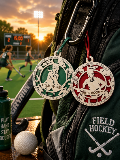 Two field hockey medals on a backpack with a sports field in the background