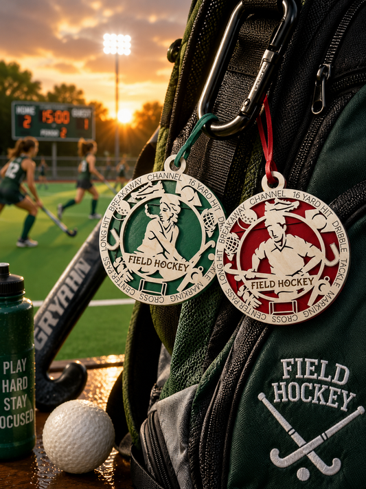 Two field hockey medals on a backpack with a sports field in the background