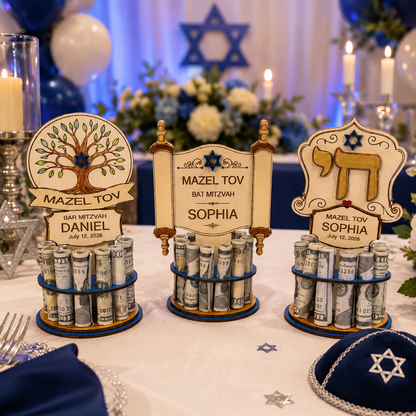 Chai Bar & Bat Mitzvah Money Tree | Personalized Cash Gift | Premium Handmade Wood