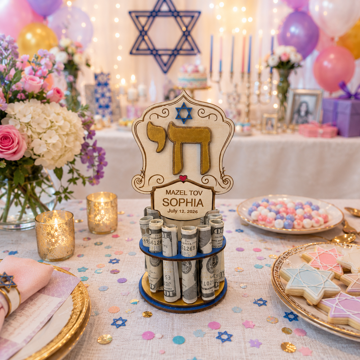 Chai Bar & Bat Mitzvah Money Tree | Personalized Cash Gift | Premium Handmade Wood
