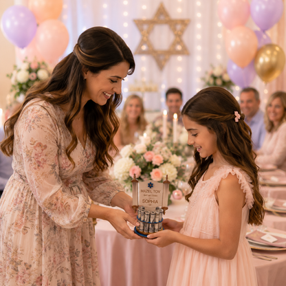 A woman and a young girl smile while receiving a small gift box from a table decorated with pastel balloons, flowers, and a Star of David backdrop.
