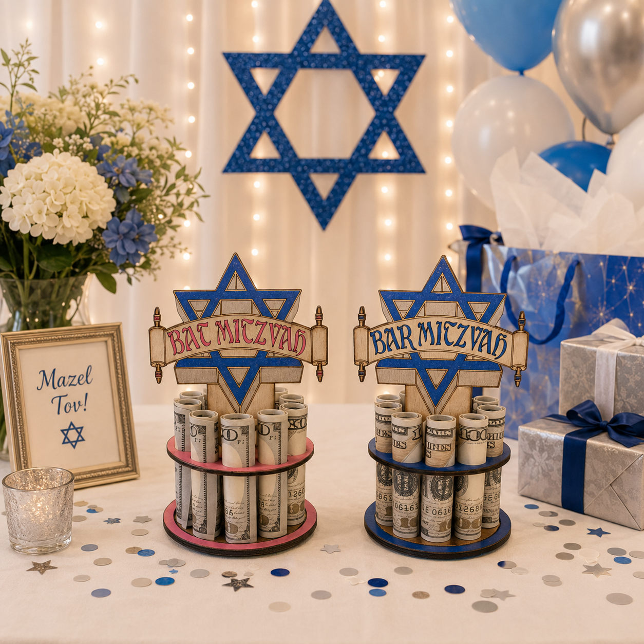 Bar and Bat Mitzvah money trees with Star of David toppers and scroll banners, displaying rolled cash on a celebration table with blue and silver decor — money gift idea for the mitzvah