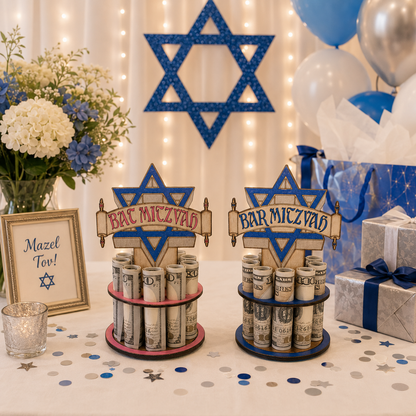 Bar and Bat Mitzvah money trees with Star of David toppers and scroll banners, displaying rolled cash on a celebration table with blue and silver decor — money gift idea for the mitzvah