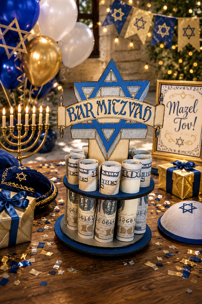 Bar and Bat Mitzvah money trees with Star of David toppers and scroll banners, displaying rolled cash on a celebration table with blue and silver decor — money gift idea for the mitzvah