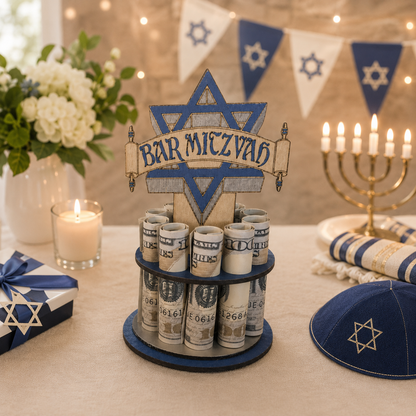 A Bar Mitzvah money-deposit sign shaped like a Star of David stands on a small round base, holding rolled U.S.