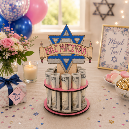 Bar and Bat Mitzvah money trees with Star of David toppers and scroll banners, displaying rolled cash on a celebration table with blue and silver decor — money gift idea for the mitzvah