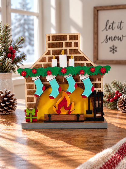 Fireplace Gift Card Holder | Wood Christmas Fireplace with Stockings | Handcrafted