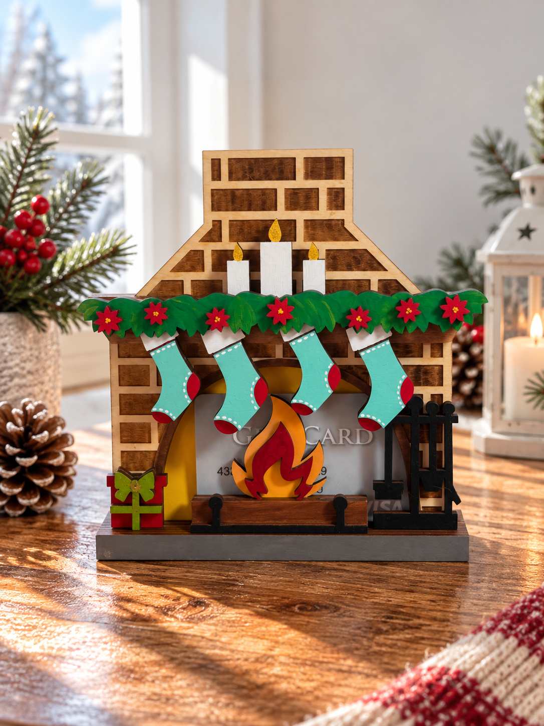 Fireplace Gift Card Holder | Wood Christmas Fireplace with Stockings | Handcrafted
