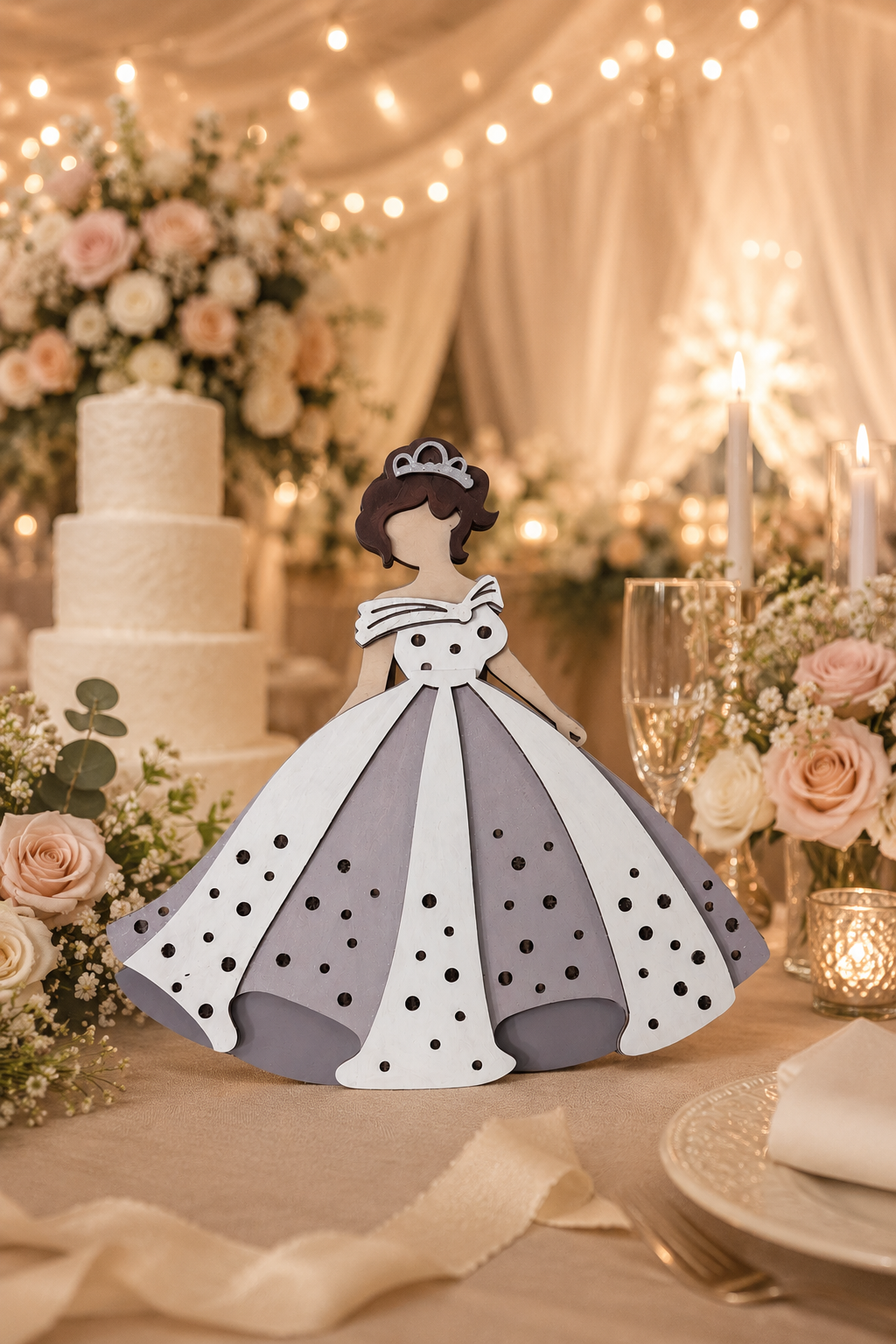 Handmade wood dress gift card holder shaped like a girl in a tiara and layered ballgown with dotted cutout details, standing on a small wooden easel beside white roses and a "Welcome to our Wedding" sign