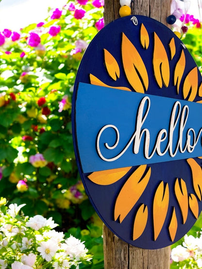 Sunflower Hello Sign – Rustic Summer Door Decor – Farmhouse Welcome Sign for Front Porch