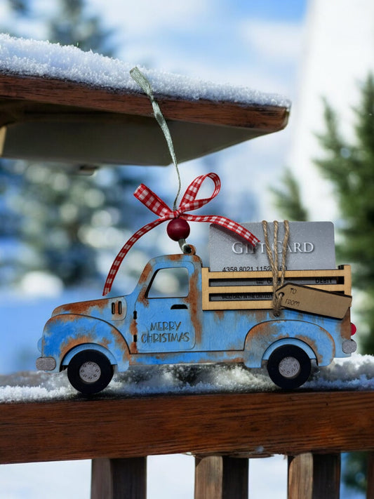 Old-Fashioned Christmas Truck Wooden Gift Card Holder – Handmade Holiday Gift Display