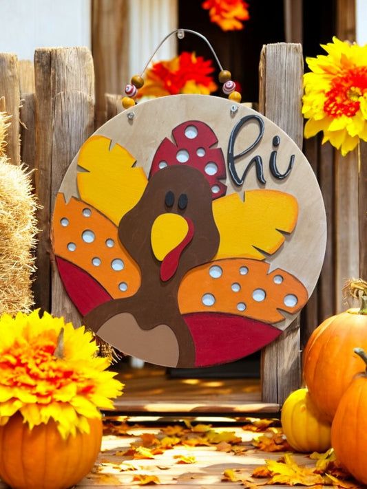 Hi Turkey Thanksgiving Wooden Sign – Rustic Fall Door Hanger – Handmade Holiday Porch Decor