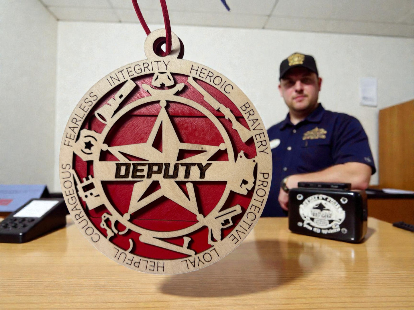 Wooden deputy gift card holder for law enforcement – round star medallion ornament with hanging cord